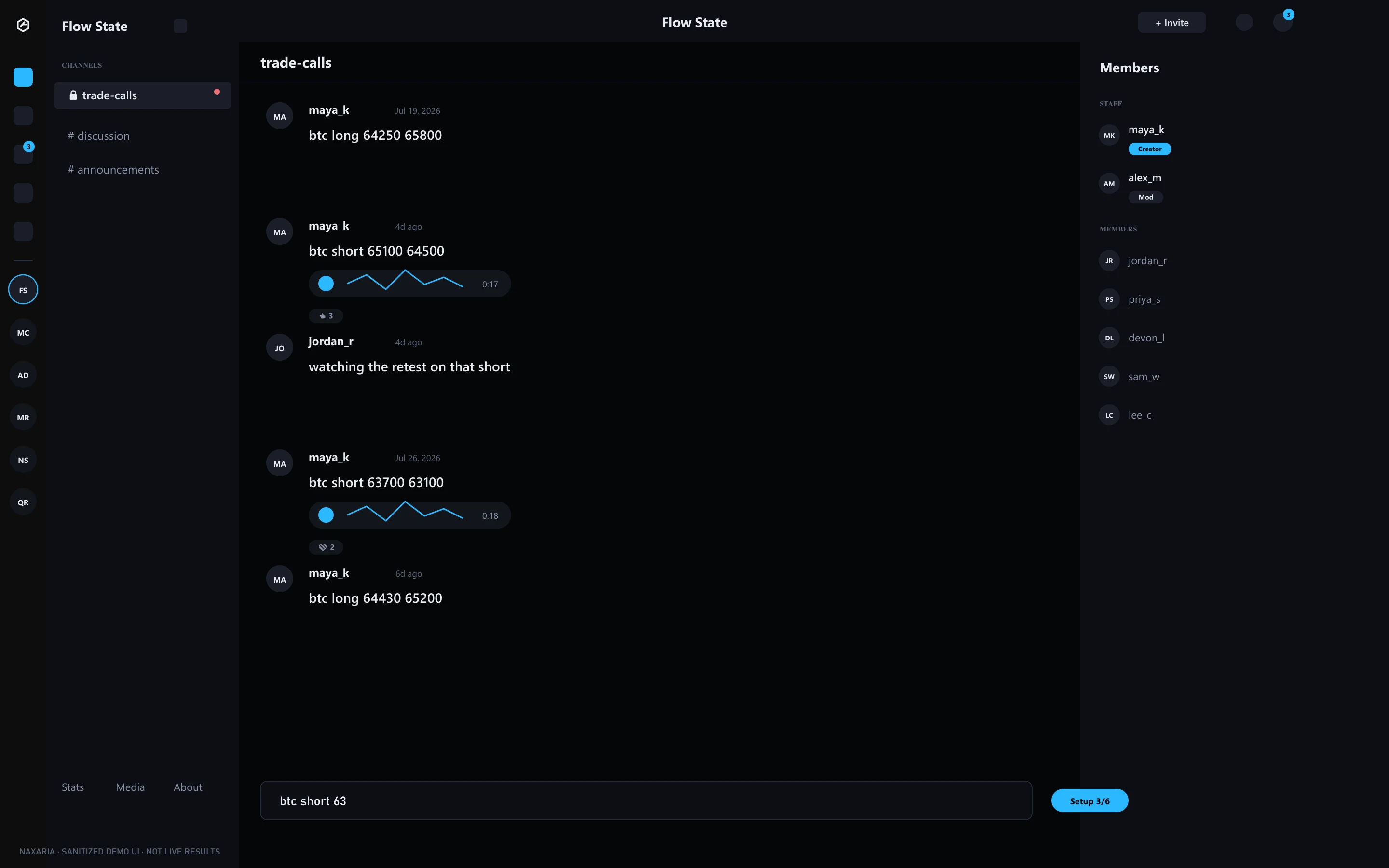 Naxaria community workspace with chat and Trade Log