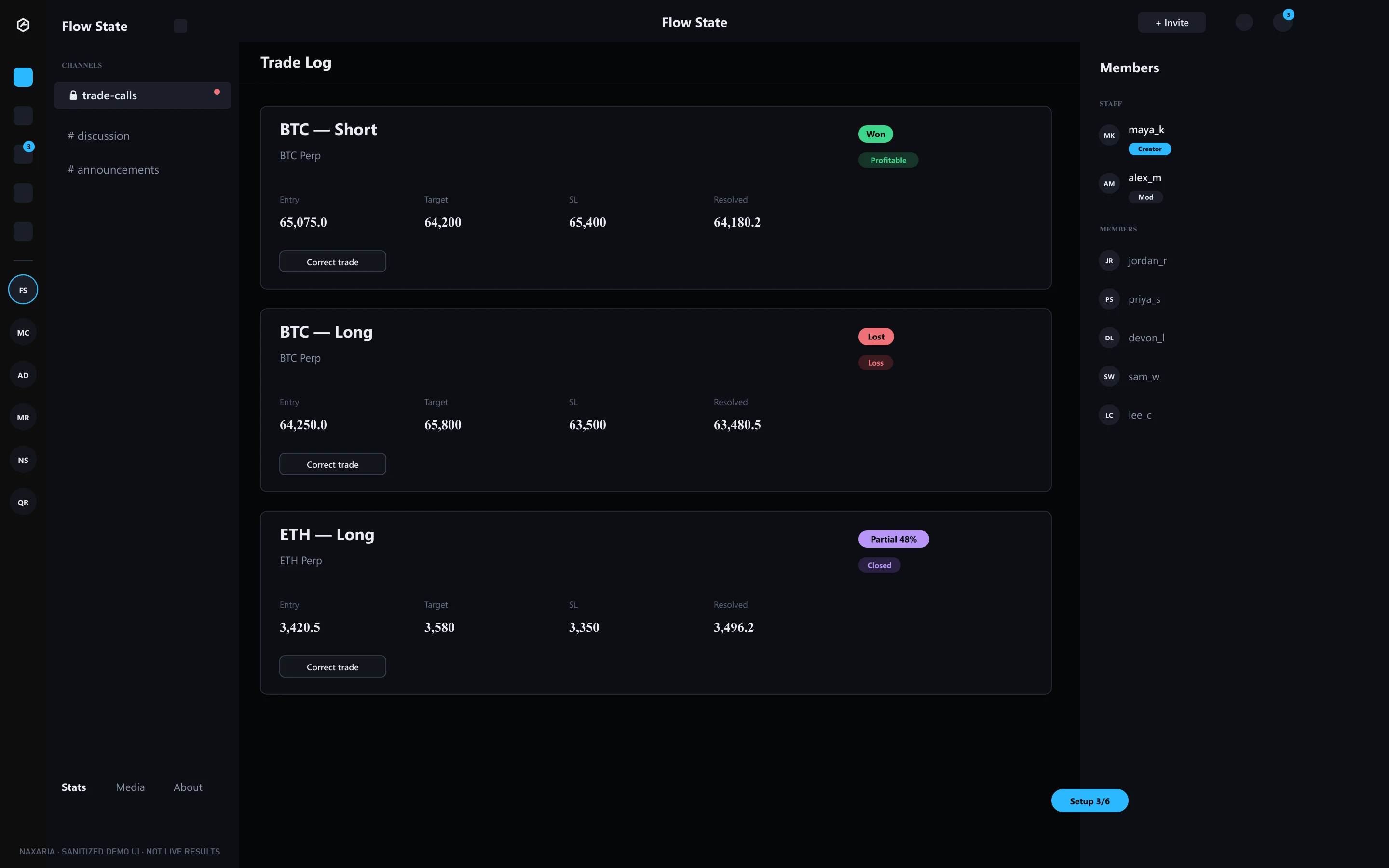 Trade Log showing resolved calls and methodology context