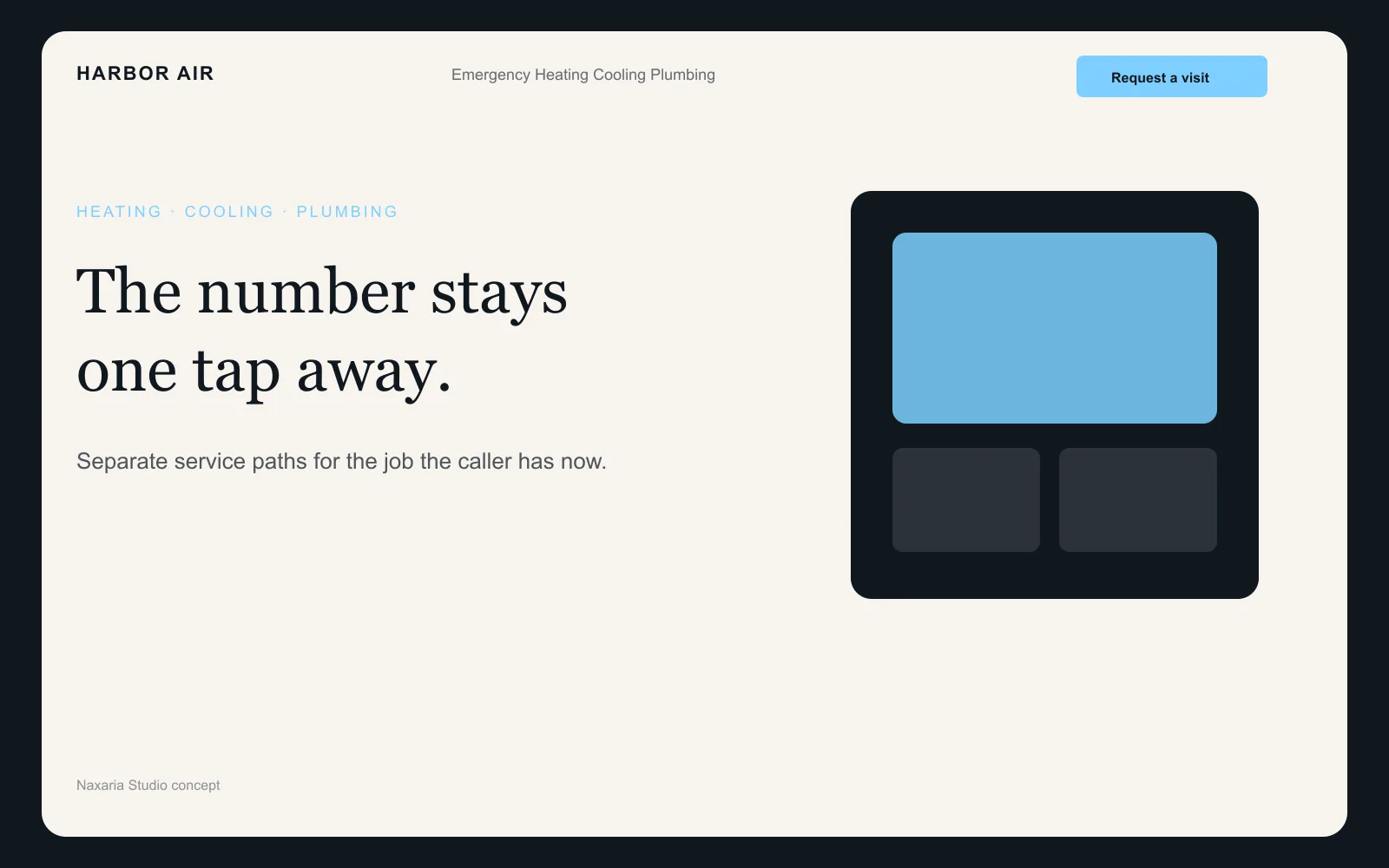 Naxaria Studio concept for an HVAC and plumbing website, with an emergency call and separate service paths.