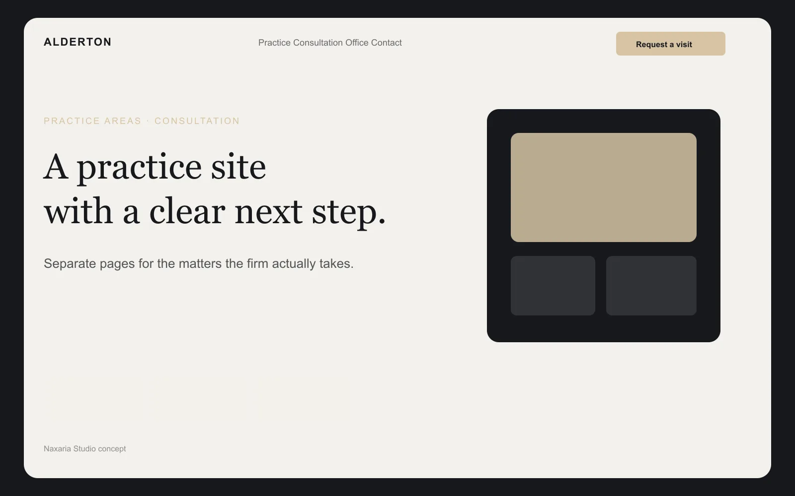 Naxaria Studio concept for a law firm website, with separate practice areas and a consultation path.